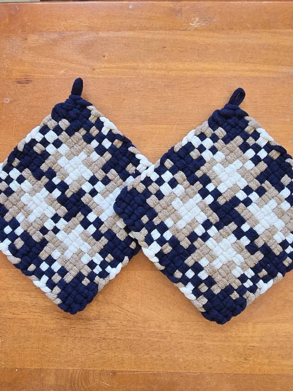 Set of 2 Handmade Artisan Cotton Woven Loomed Nautica Potholders Hot PadsTrivets